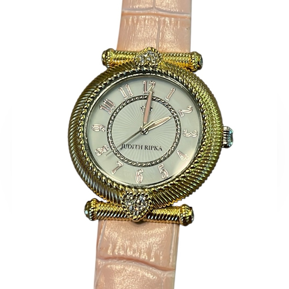 Judith Ripka Stainless Steel Gold Tone Watch Pink Leather Band New Battery New!